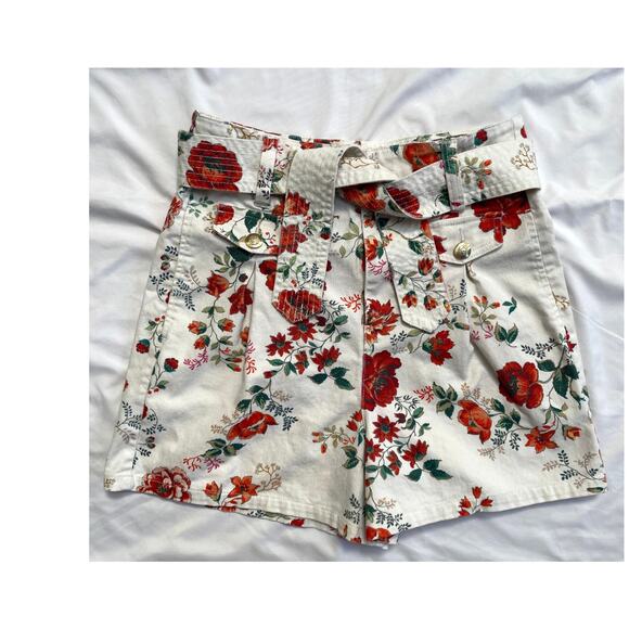 MAJE Iflor White Red Floral Denim High Waisted Belted Shorts FR 36 US 4 - Picture 1 of 7